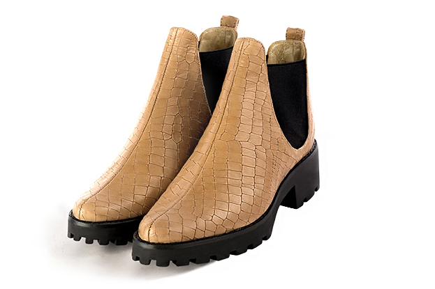 Camel beige and matt black women's ankle boots, with elastics. Round toe. Low rubber soles. Front view - Florence KOOIJMAN